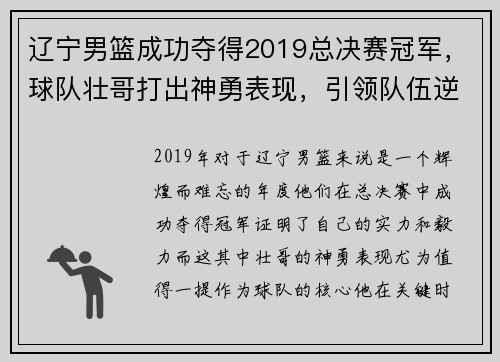 辽宁男篮成功夺得2019总决赛冠军，球队壮哥打出神勇表现，引领队伍逆转胜！